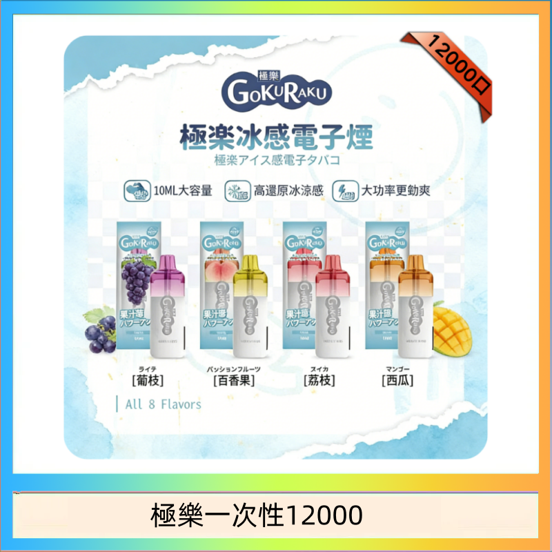 極樂一次性12000 【8種口味】極楽 12000口一次性電子煙|超大容量 |口感絲滑|新品